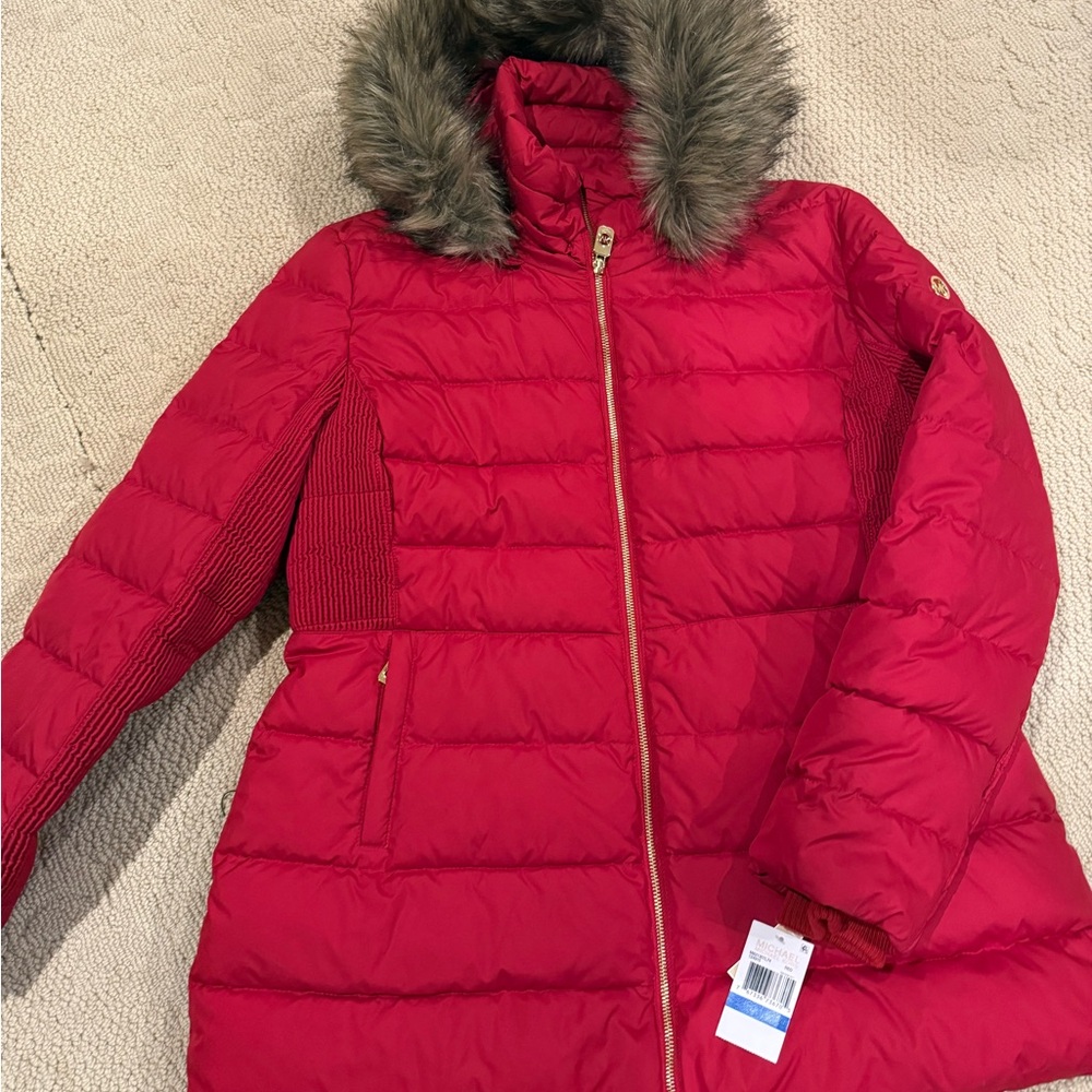 MICHAEL Michael Kors Red Ski Jacket with Faux Fur Trim
